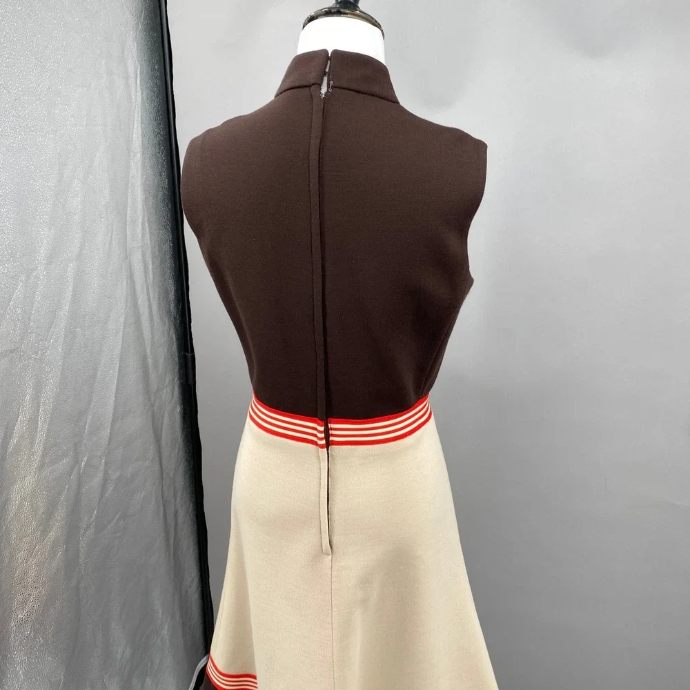 Vintage 70s Knit Dress Jacket Set Cream Chocolate Brown Mod A-Line Midi S/M